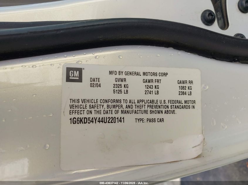 2004 Cadillac Deville Standard VIN: 1G6KD54Y44U220141 Lot: 43637142