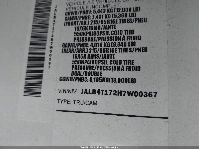 2017 Isuzu Reach VIN: JALB4T172H7W00367 Lot: 43637152