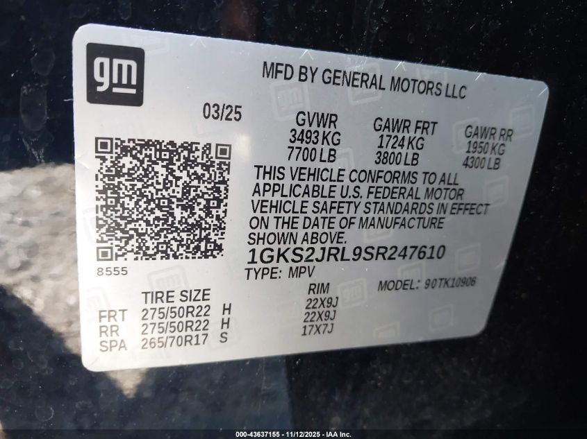 2025 GMC Yukon Xl 4Wd Denali VIN: 1GKS2JRL9SR247610 Lot: 43637155