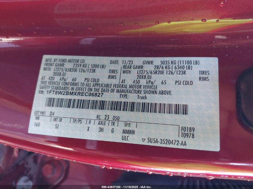 2024 Ford F-250 Lariat VIN: 1FT8W2BMXREC06827 Lot: 43637180