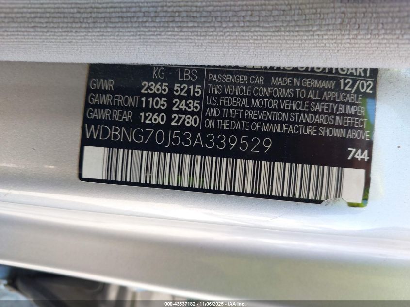 2003 Mercedes-Benz S 430 VIN: WDBNG70J53A339529 Lot: 43637182