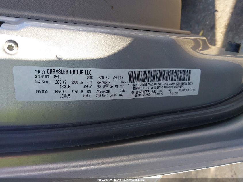 2012 Chrysler Town & Country Touring VIN: 2C4RC1BG3CR119041 Lot: 43637196