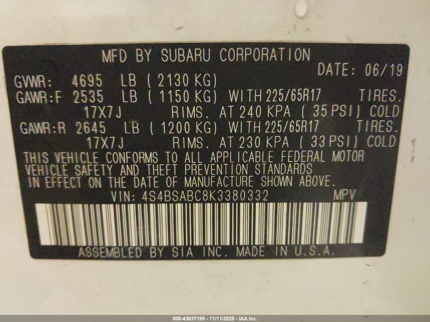 2019 SUBARU OUTBACK 2.5I - 4S4BSABC8K3380332