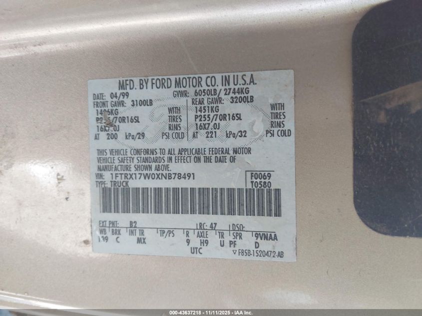 1999 Ford F-150 Lariat/Work Series/Xl/Xlt VIN: 1FTRX17W0XNB78491 Lot: 43637218