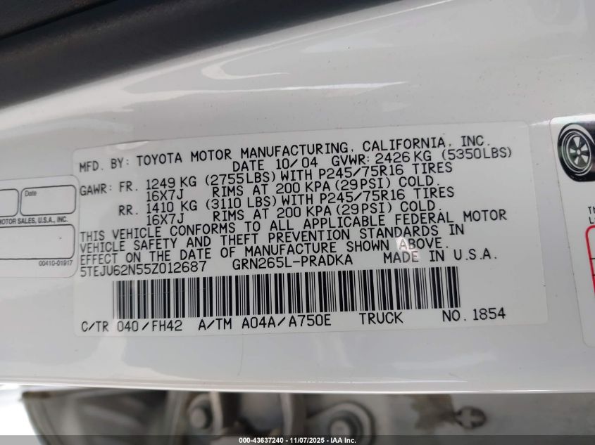 2005 Toyota Tacoma Prerunner V6 VIN: 5TEJU62N55Z012687 Lot: 43637240