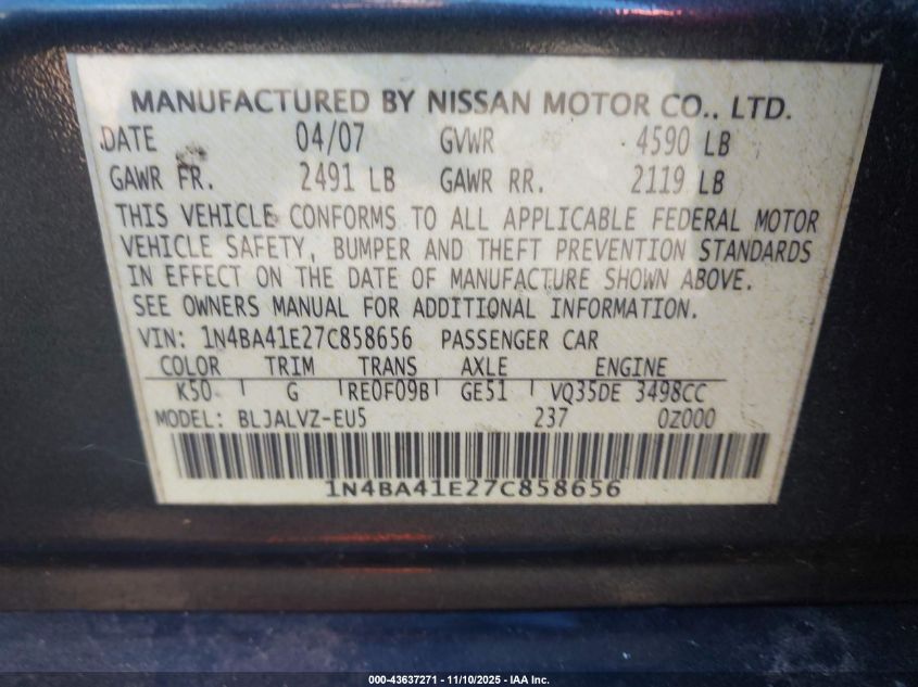 2007 Nissan Maxima 3.5 Se VIN: 1N4BA41E27C858656 Lot: 43637271