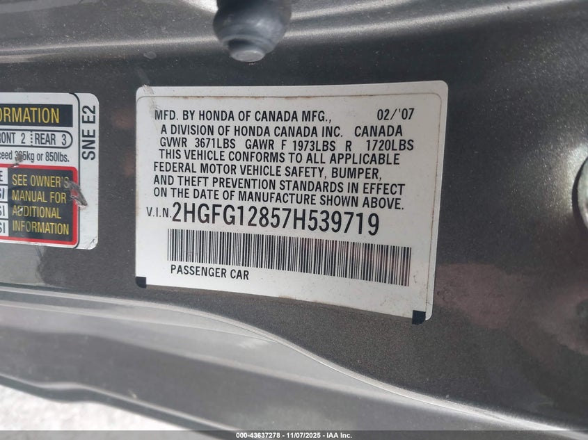 2HGFG12857H539719 2007 HONDA CIVIC photo no. 9