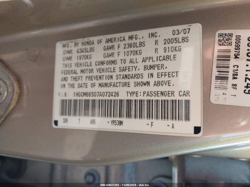 2007 Honda Accord 3.0 Ex VIN: 1HGCM66507A072426 Lot: 43637282