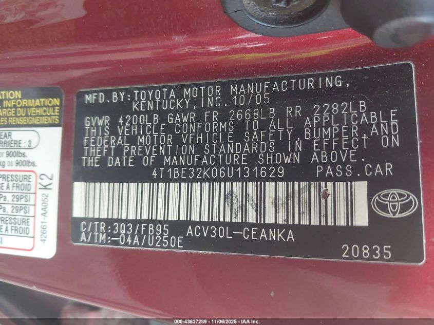 2006 Toyota Camry Le VIN: 4T1BE32K06U131629 Lot: 43637289