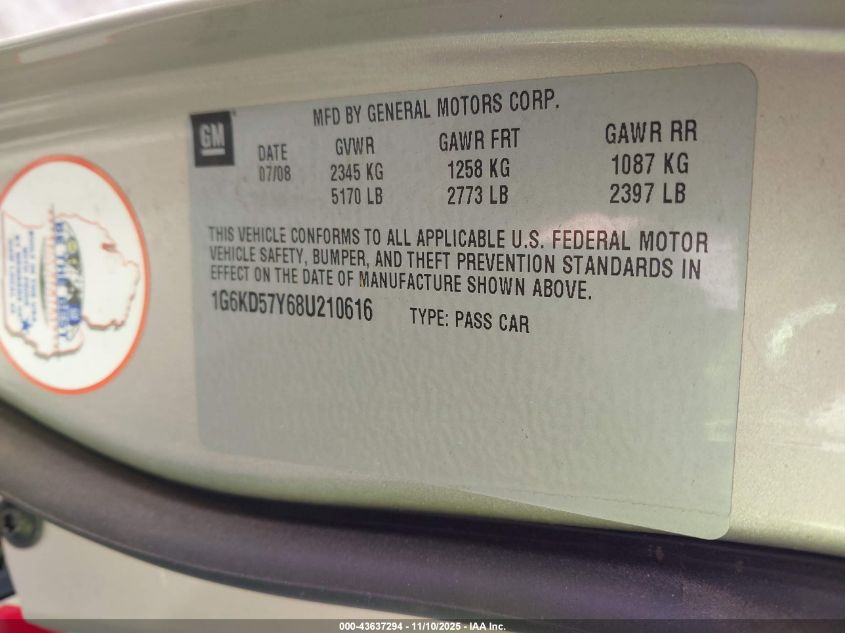 2008 Cadillac Dts 1Sb VIN: 1G6KD57Y68U210616 Lot: 43637294