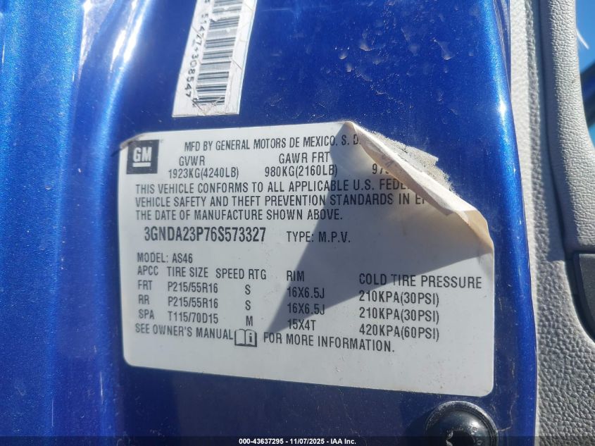 2006 Chevrolet Hhr Lt VIN: 3GNDA23P76S573327 Lot: 43637295