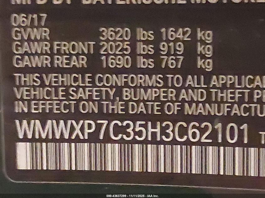 2017 Mini Hardtop Cooper S VIN: WMWXP7C35H3C62101 Lot: 43637299