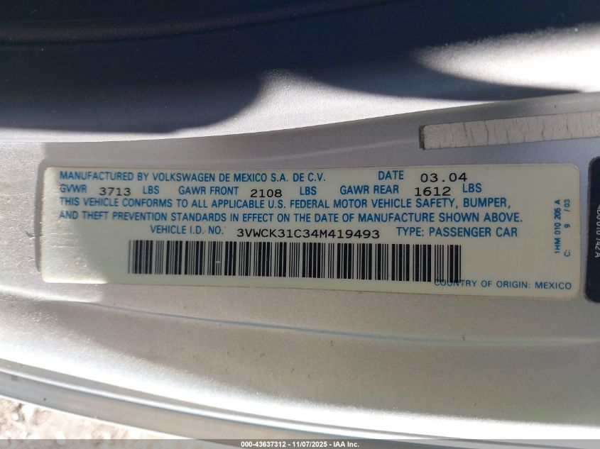 2004 Volkswagen New Beetle Gls 2.0L VIN: 3VWCK31C34M419493 Lot: 43637312