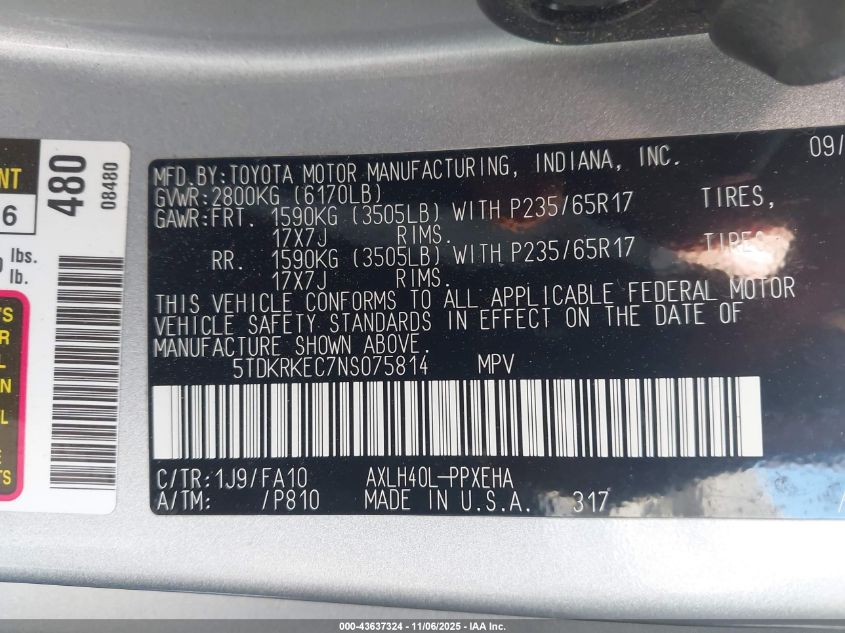 2022 Toyota Sienna Le VIN: 5TDKRKEC7NS075814 Lot: 43637324