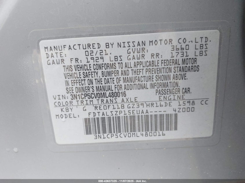 2021 NISSAN KICKS SV XTRONIC CVT 3N1CP5CV0ML480016