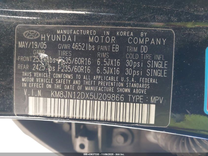 2005 Hyundai Tucson Gls/Lx VIN: KM8JN12DX5U209866 Lot: 43637330