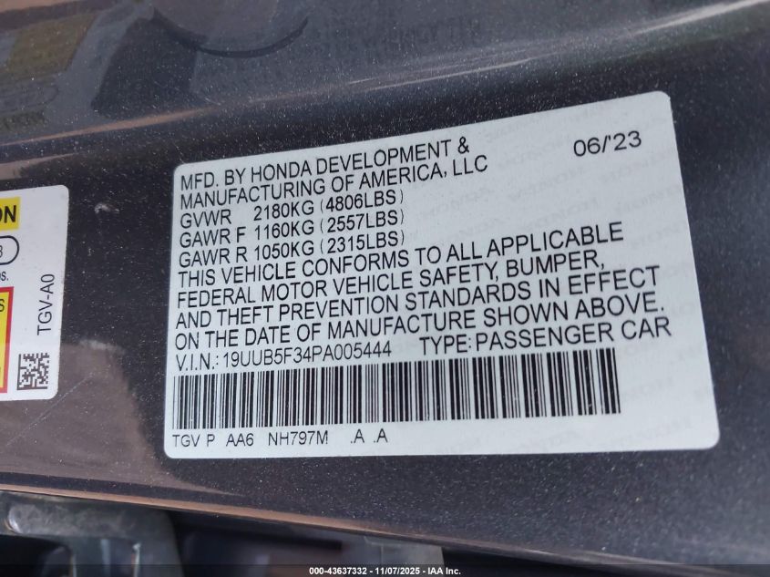 2023 Acura Tlx Standard VIN: 19UUB5F34PA005444 Lot: 43637332