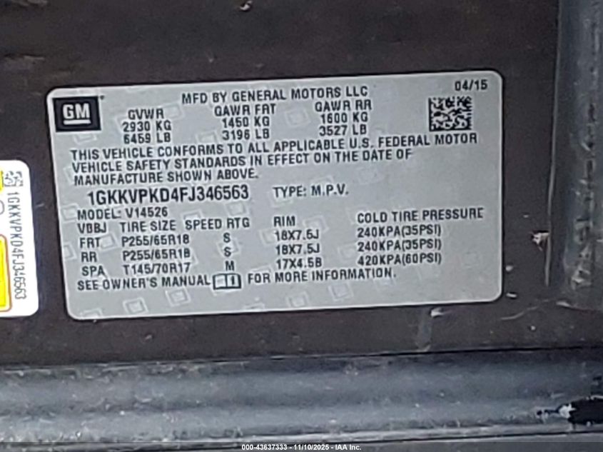 2015 GMC Acadia Sle-2 VIN: 1GKKVPKD4FJ346563 Lot: 43637333