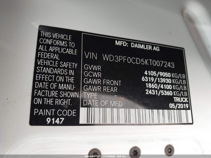 2019 Mercedes-Benz Sprinter 2500 Standard Roof V6 VIN: WD3PF0CD5KT007243 Lot: 43637337