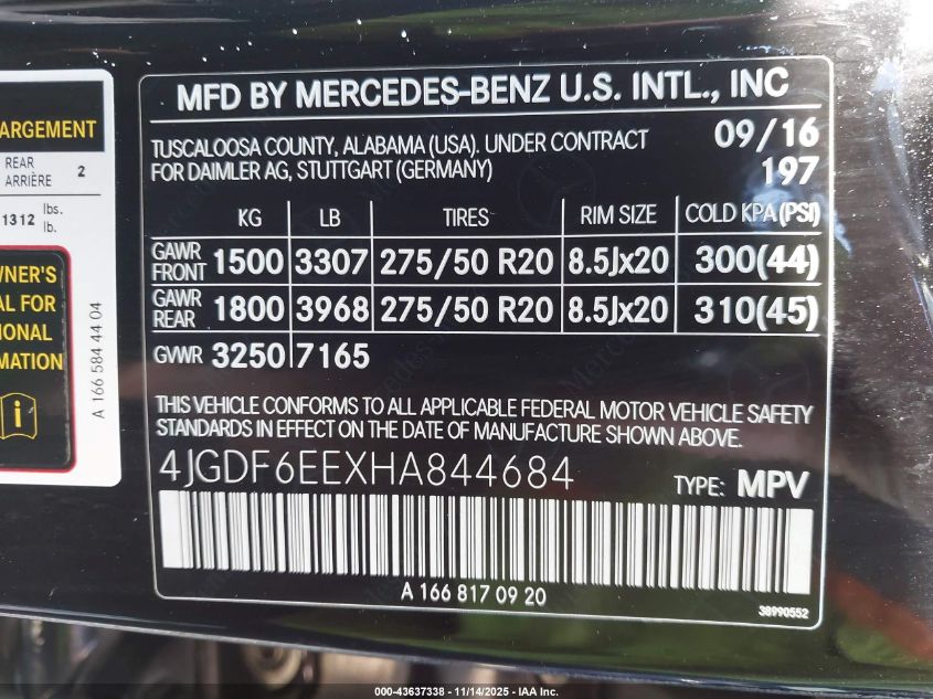 2017 Mercedes-Benz Gls 450 4Matic VIN: 4JGDF6EEXHA844684 Lot: 43637338