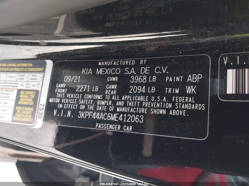 2021 Kia Forte Gt VIN: 3KPF44AC6ME412063 Lot: 43637347