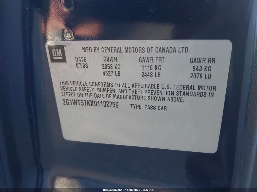 2009 Chevrolet Impala Lt VIN: 2G1WT57KX91102759 Lot: 43637361