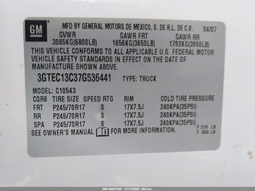 2007 GMC Sierra 1500 Sle1 VIN: 3GTEC13C37G536441 Lot: 43637399