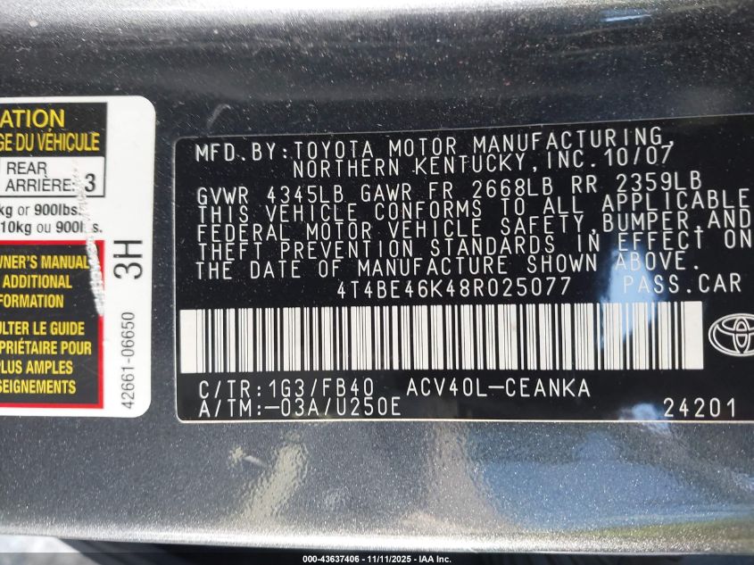 2008 Toyota Camry Le VIN: 4T4BE46K48R025077 Lot: 43637406