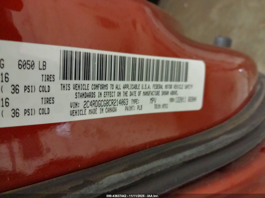 2012 Dodge Grand Caravan Sxt VIN: 2C4RDGCG8CR214063 Lot: 43637442