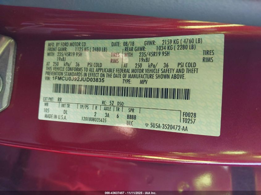 2018 Ford Escape Titanium VIN: 1FMCU0J92JUD03835 Lot: 43637457