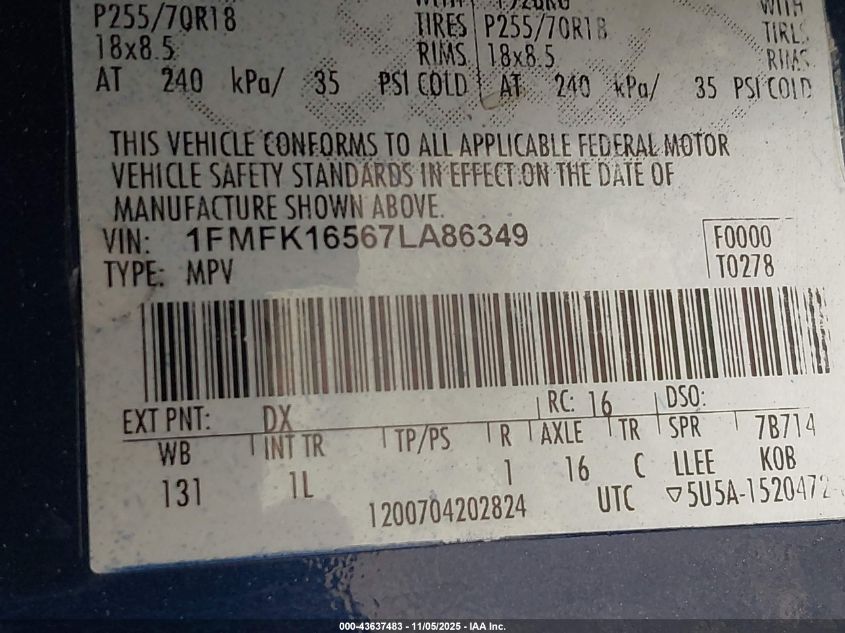 2007 Ford Expedition El Xlt VIN: 1FMFK16567LA86349 Lot: 43637483