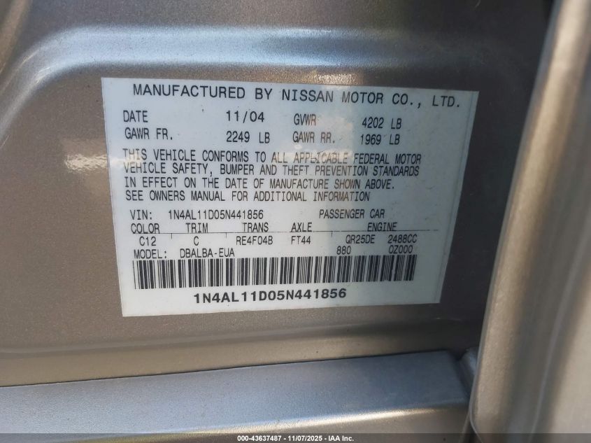 2005 Nissan Altima 2.5 S VIN: 1N4AL11D05N441856 Lot: 43637487
