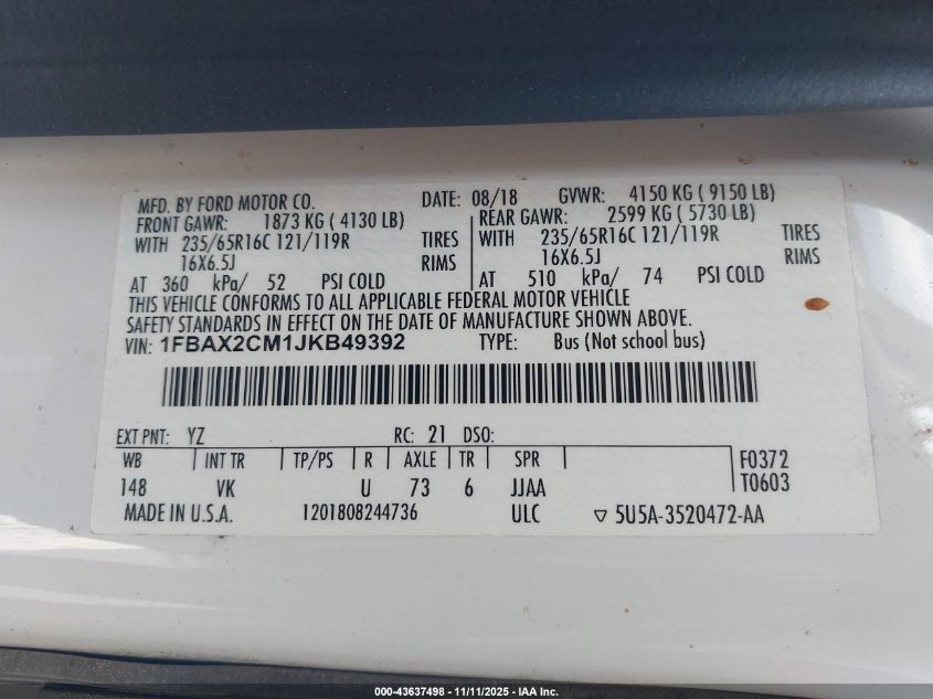 2018 Ford Transit-350 Xl VIN: 1FBAX2CM1JKB49392 Lot: 43637498