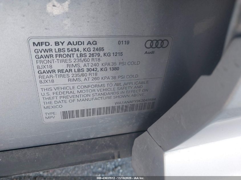 2019 Audi Q5 45 Premium VIN: WA1ANAFY9K2043584 Lot: 43637512