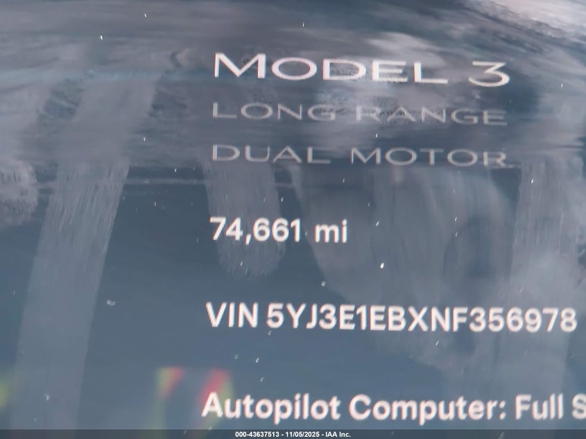 2022 Tesla Model 3 Long Range Dual Motor All-Wheel Drive VIN: 5YJ3E1EBXNF356978 Lot: 43637513
