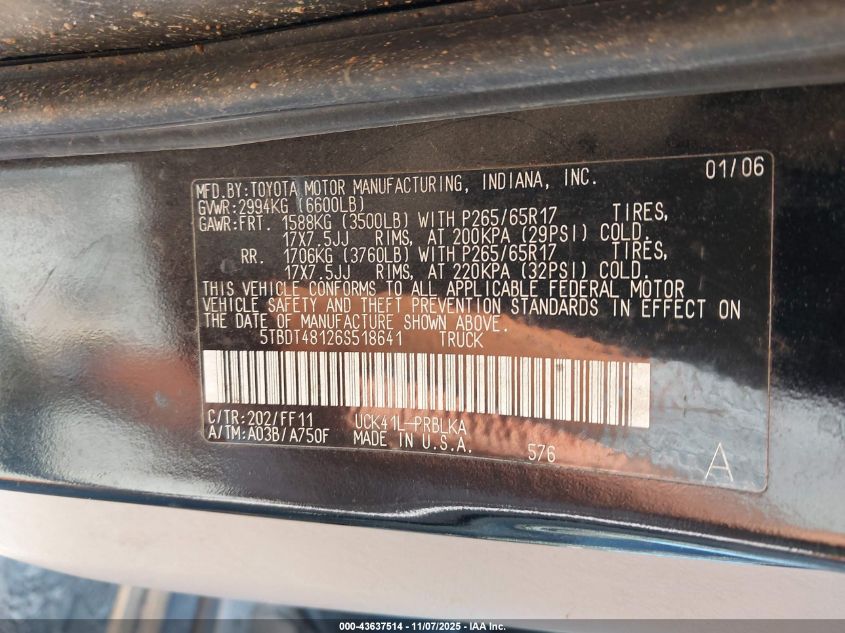 2006 Toyota Tundra Limited V8 VIN: 5TBDT48126S518641 Lot: 43637514