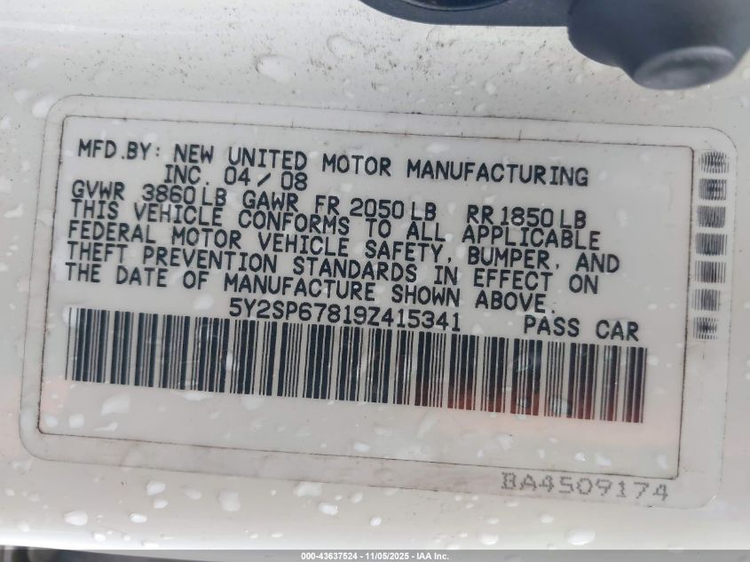 2009 Pontiac Vibe VIN: 5Y2SP67819Z415341 Lot: 43637524