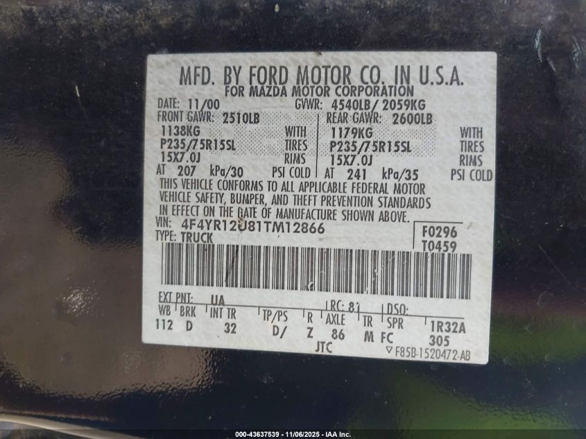 2001 Mazda B3000 Ds/Se VIN: 4F4YR12U81TM12866 Lot: 43637539