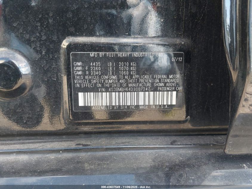 2013 Subaru Legacy 2.5I Premium VIN: 4S3BMBH64D3007247 Lot: 43637549