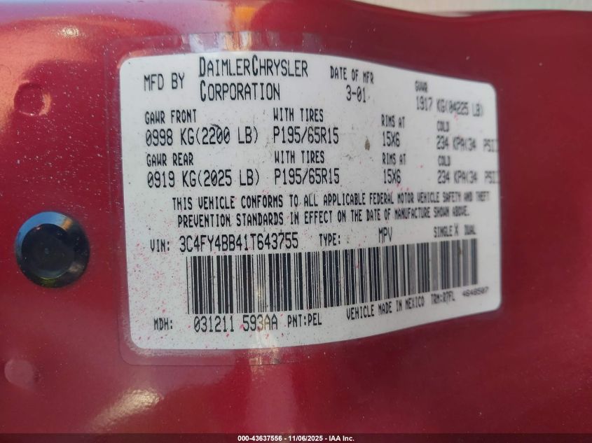 2001 Chrysler Pt Cruiser VIN: 3C4FY4BB41T643755 Lot: 43637556