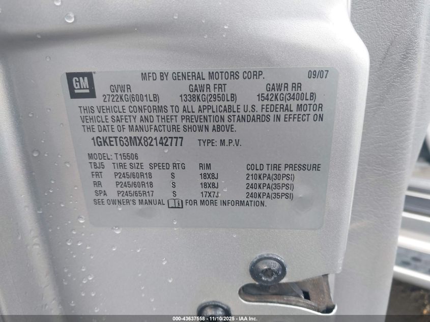 2008 GMC Envoy Denali VIN: 1GKET63MX82142777 Lot: 43637558
