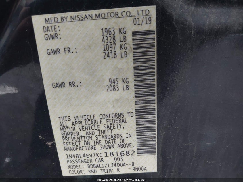 1N4BL4EV7KC181682 2019 NISSAN ALTIMA photo no. 9