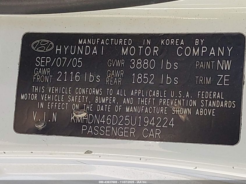 2005 Hyundai Elantra Gls/Gt VIN: KMHDN46D25U194224 Lot: 43637608