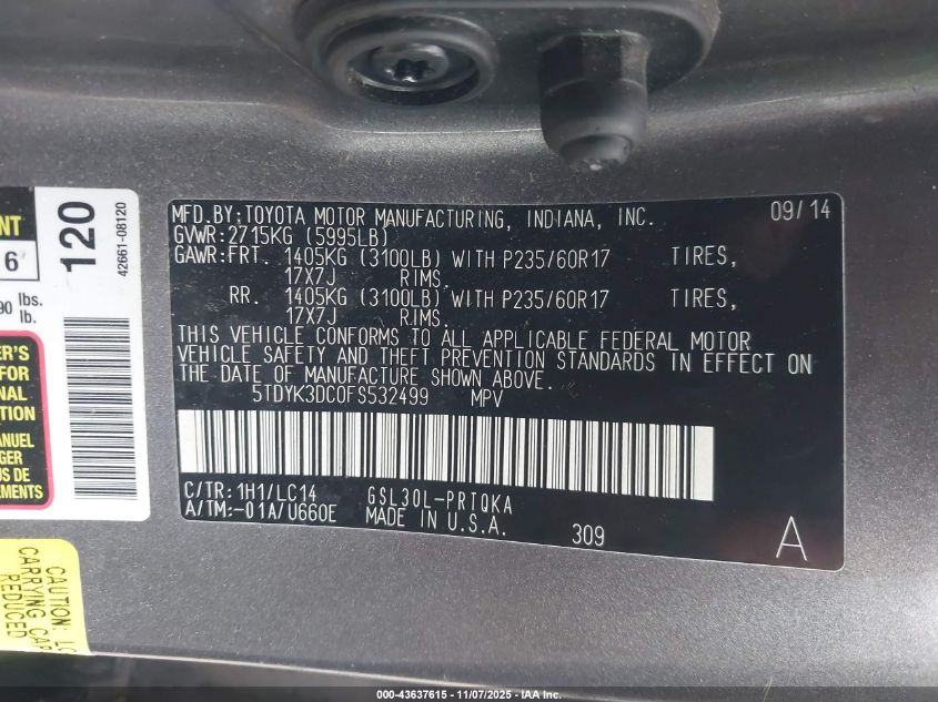 2015 Toyota Sienna Xle 8 Passenger VIN: 5TDYK3DC0FS532499 Lot: 43637615