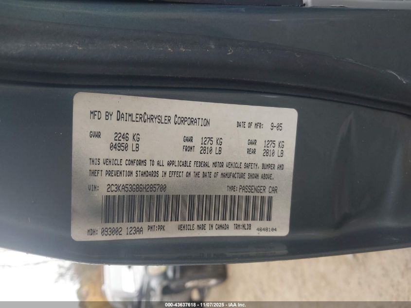 2006 Chrysler 300 Touring VIN: 2C3KA53G86H285700 Lot: 43637618