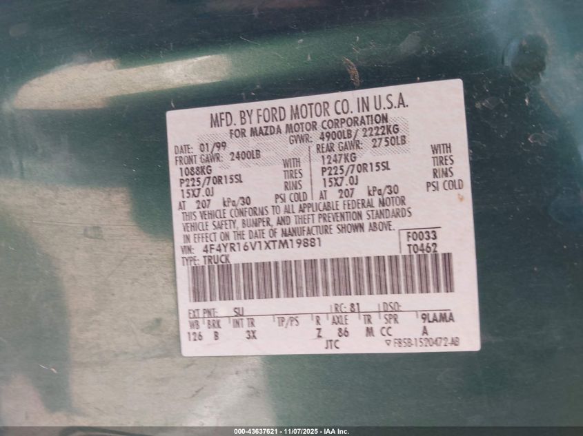 1999 Mazda B3000 Se/Tl VIN: 4F4YR16V1XTM19881 Lot: 43637621