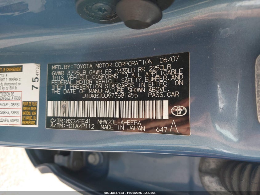 JTDKB20U977681455 2007 TOYOTA PRIUS photo no. 9
