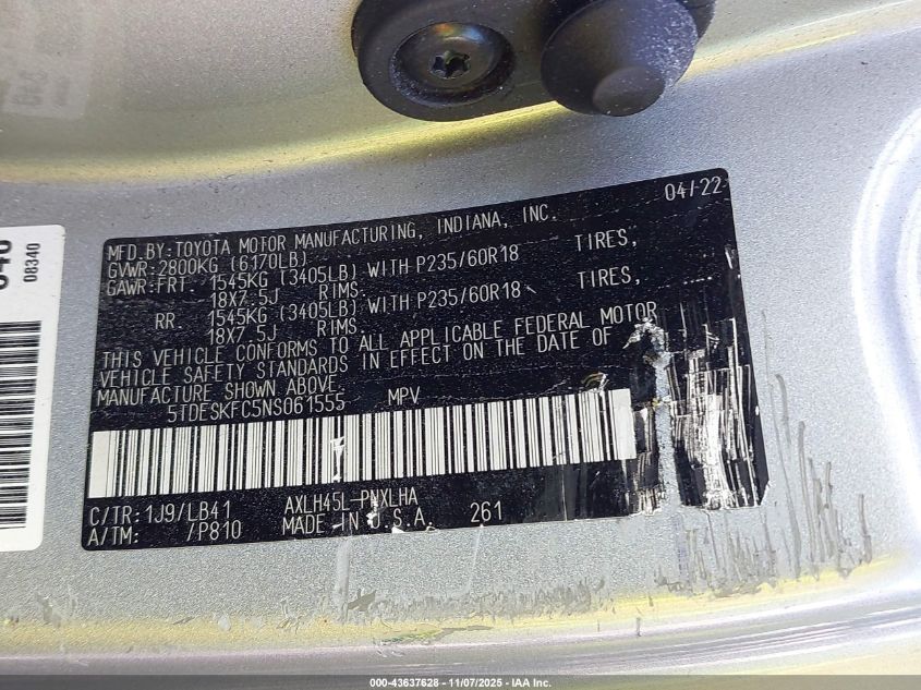 2022 Toyota Sienna Platinum VIN: 5TDESKFC5NS061555 Lot: 43637628