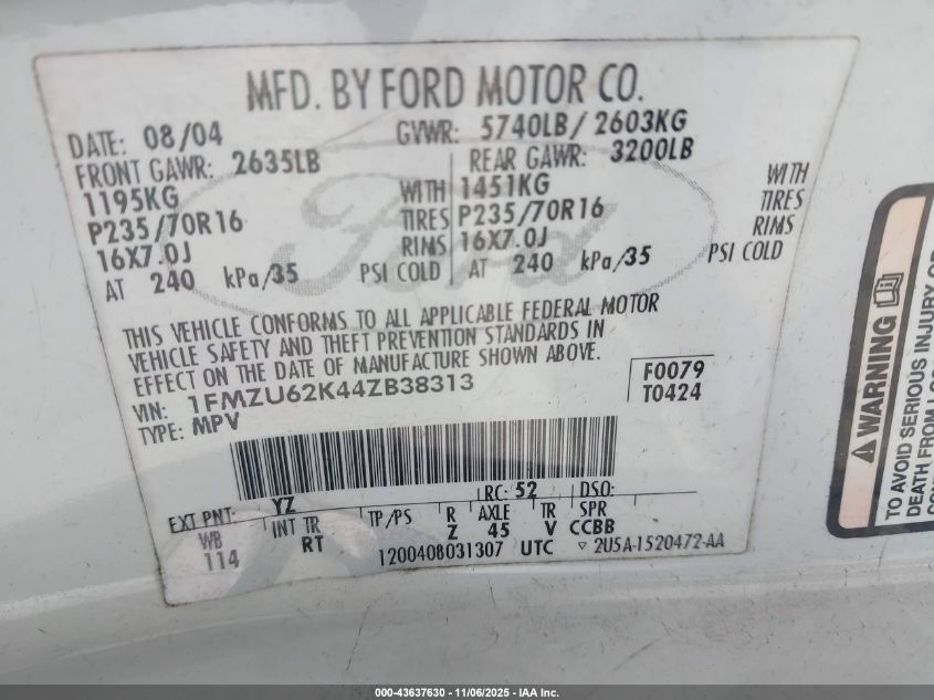 2004 Ford Explorer Xls VIN: 1FMZU62K44ZB38313 Lot: 43637630