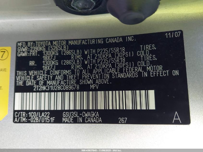 2008 Lexus Rx 350 VIN: 2T2HK31U28C089678 Lot: 43637645